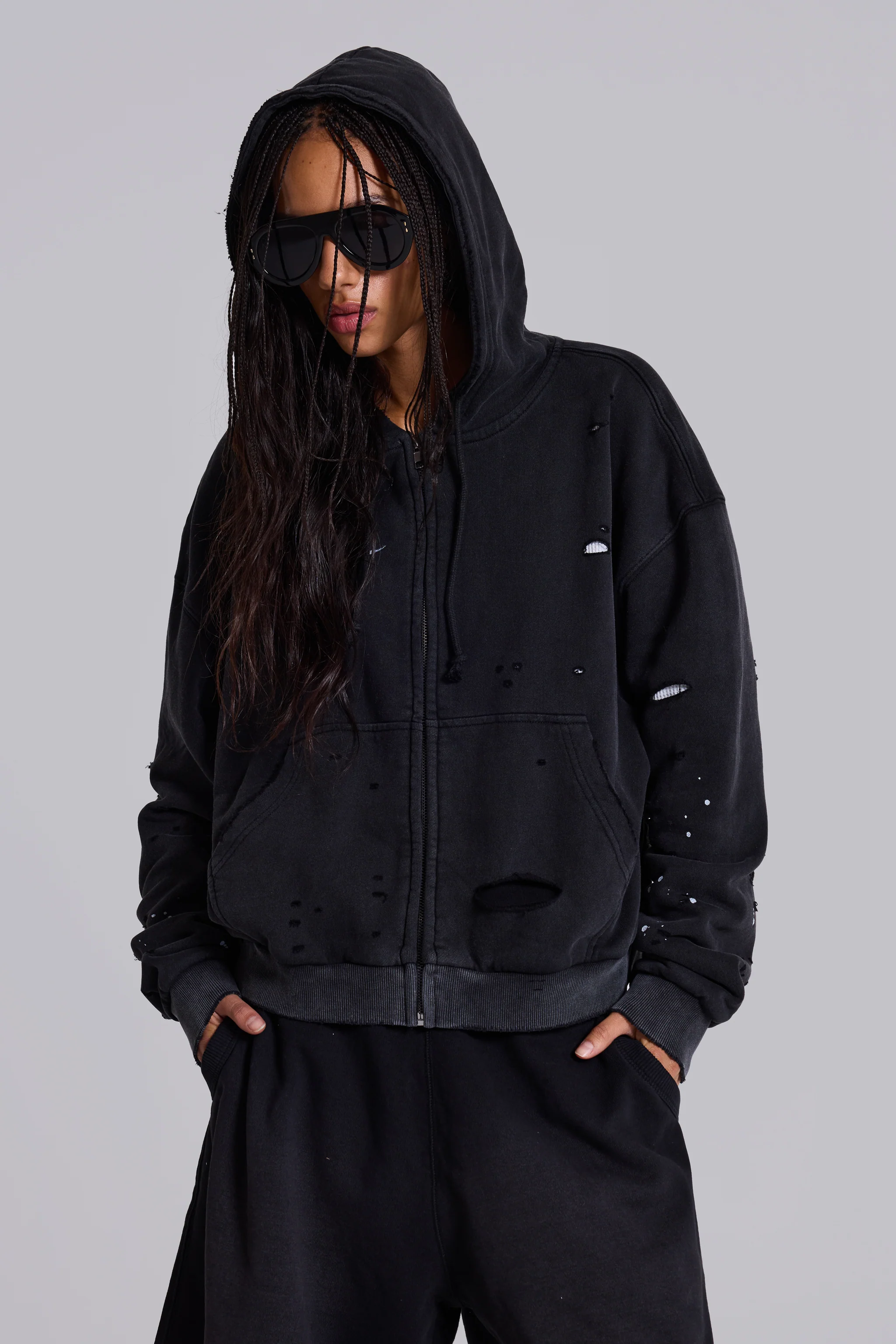 Washed Black Sun Faded Waffle Lined Zip Hoodie 3 Washed Black Sun Faded Waffle Lined Zip Hoodie