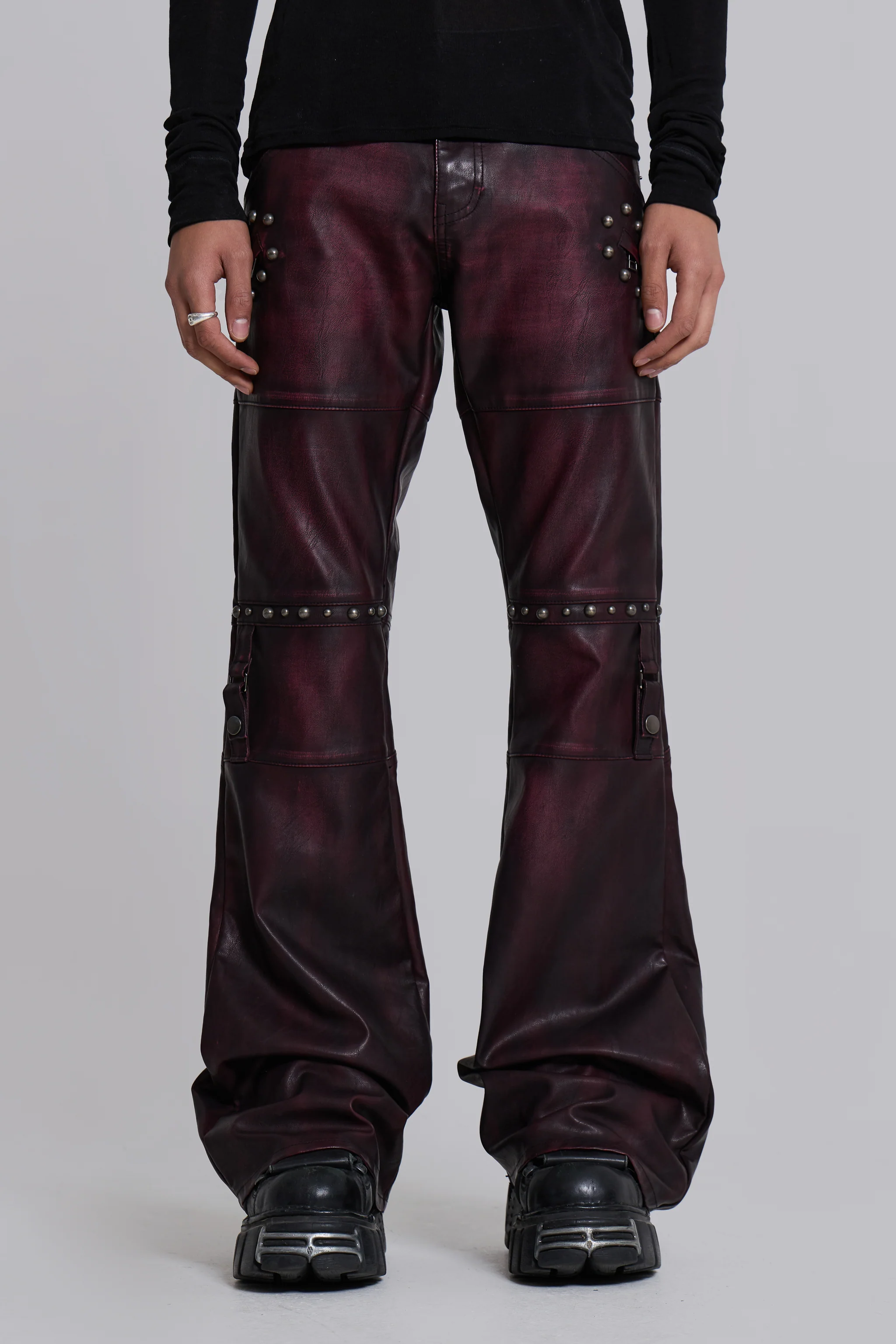 Burgundy Studded Faux Leather Drift Bootcut Trousers