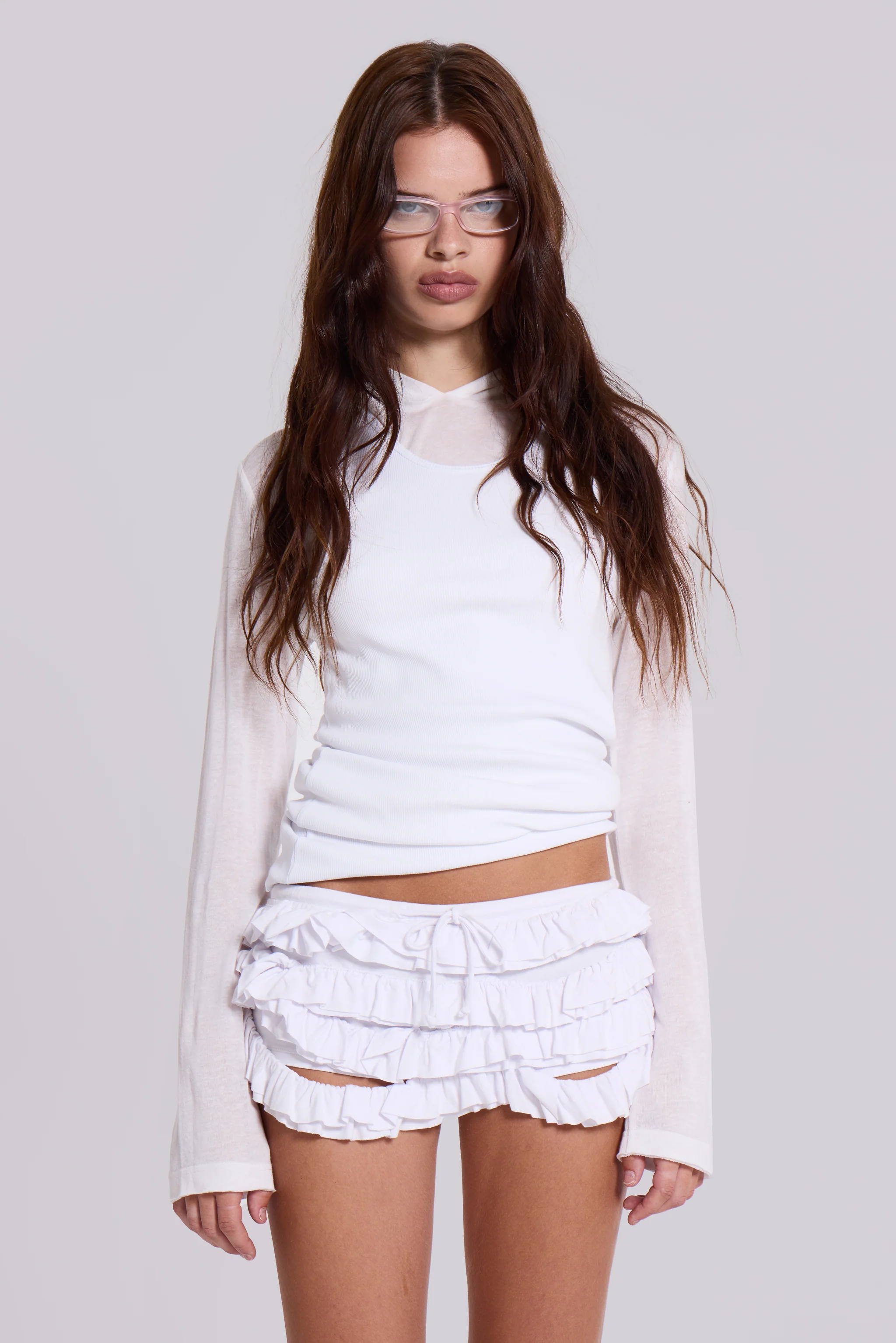 Mya Ruffle Mini Shorts in White 1 Mya Ruffle Mini Shorts in White