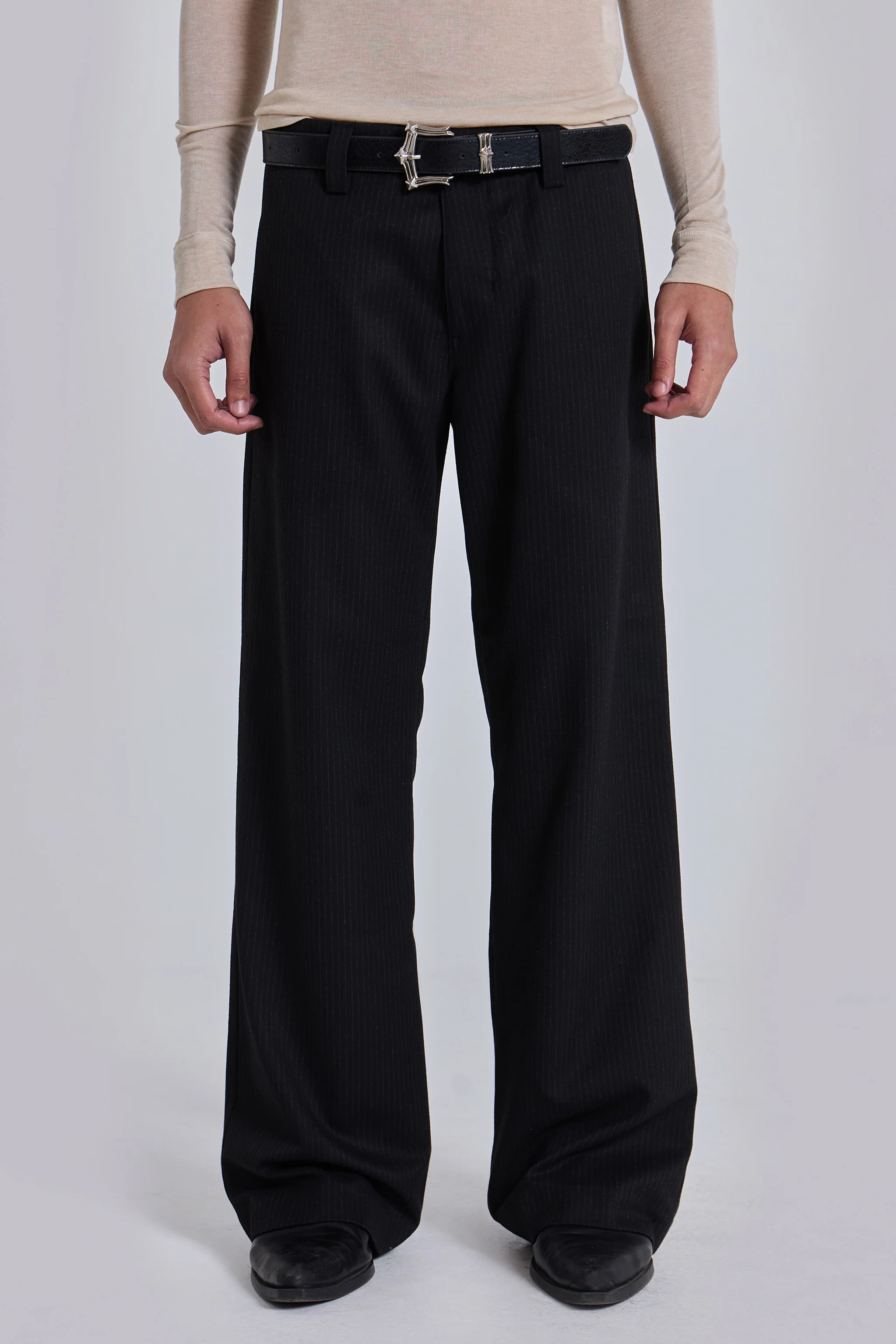 Black Pinstripe Stacked Straight Suit Pants 1 Black Pinstripe Stacked Straight Suit Pants