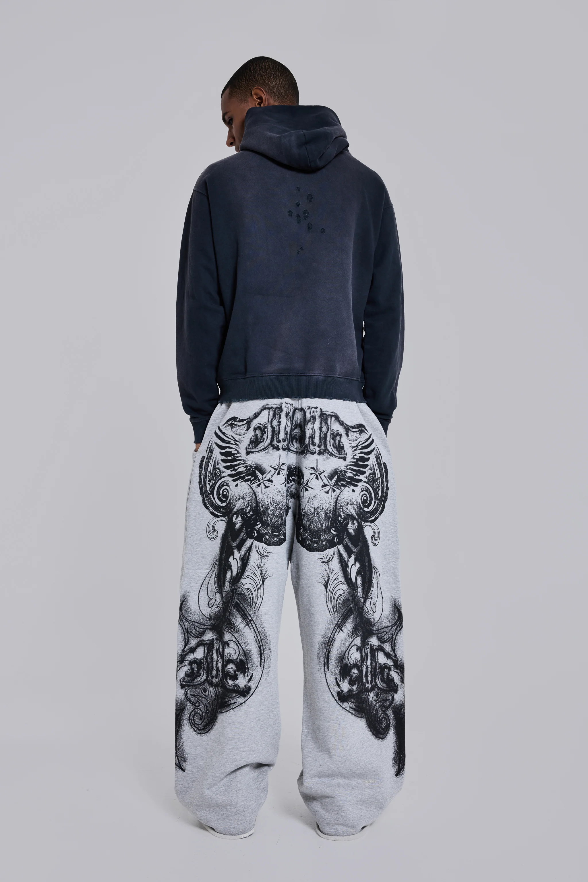 Grey Marl Gothic Print Baggy Monster Joggers