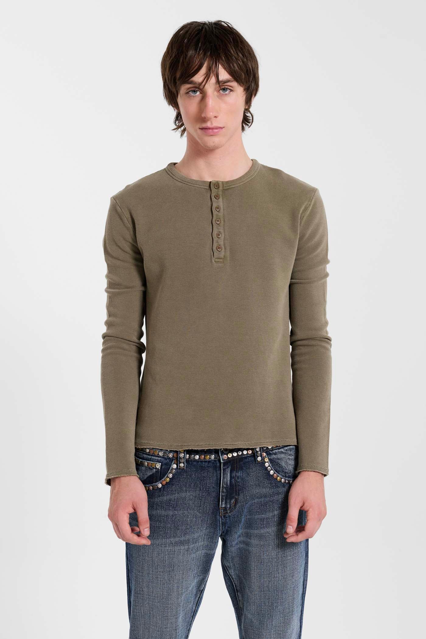 Olive Washed Waffle Henley Top 2 Olive Washed Waffle Henley Top
