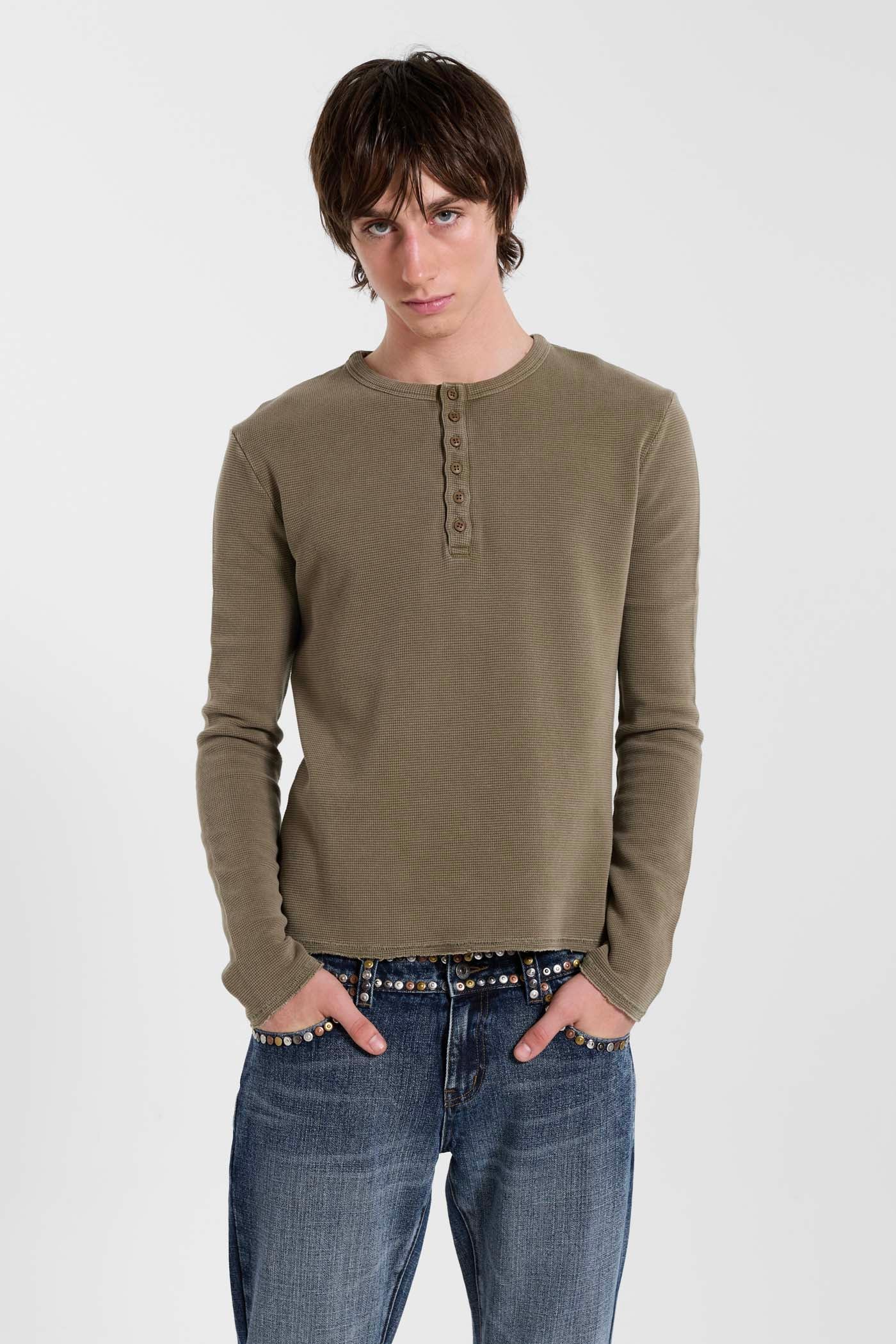 Olive Washed Waffle Henley Top 3 Olive Washed Waffle Henley Top