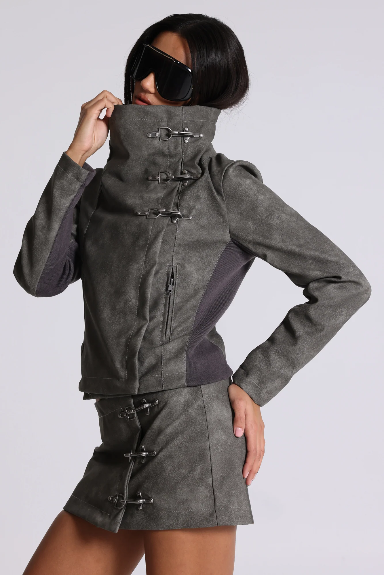 Cera Clasp PU Leather Funnel Jacket in Grey