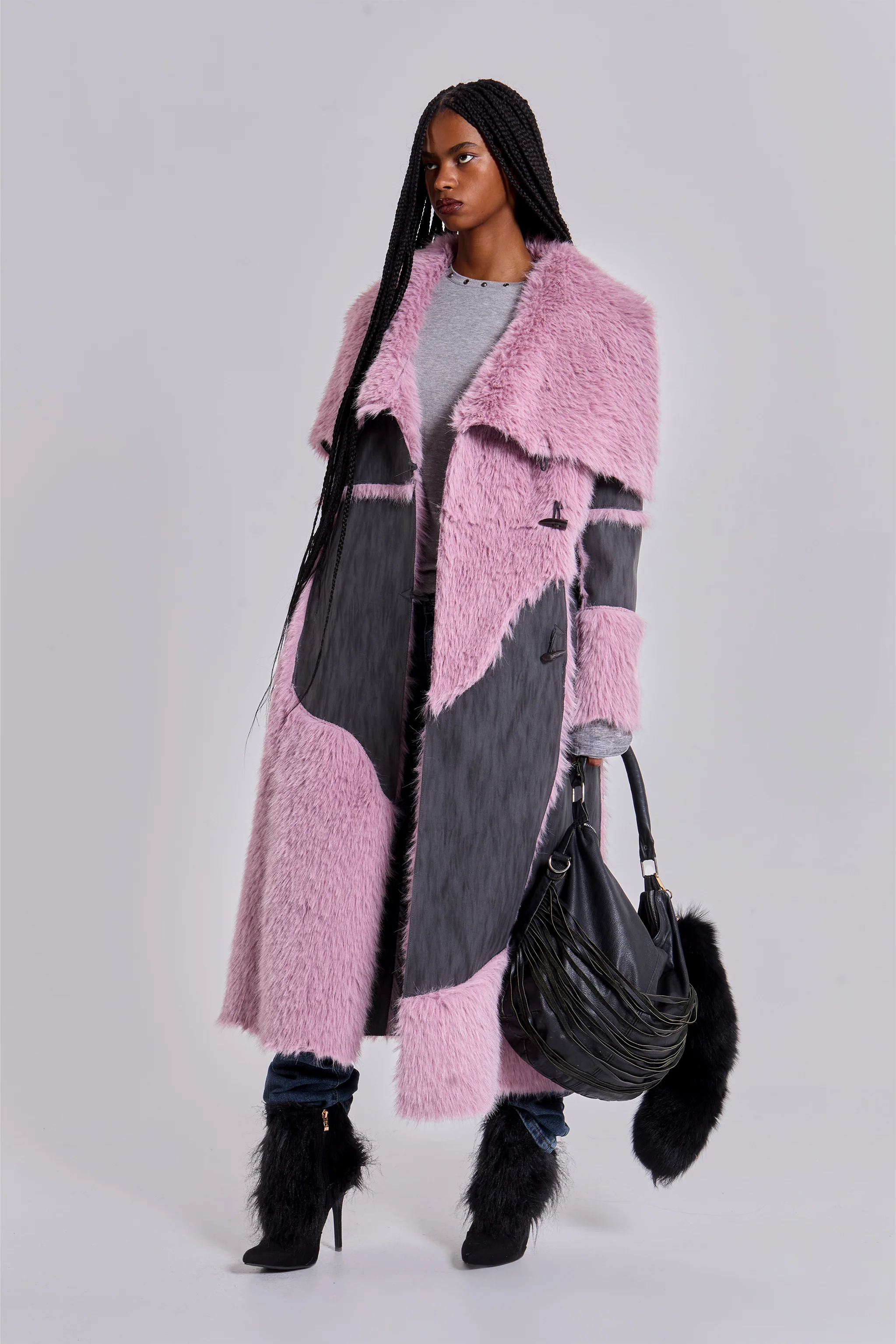 Alise Patchwork Faux Suede and Fur Maxi Coat