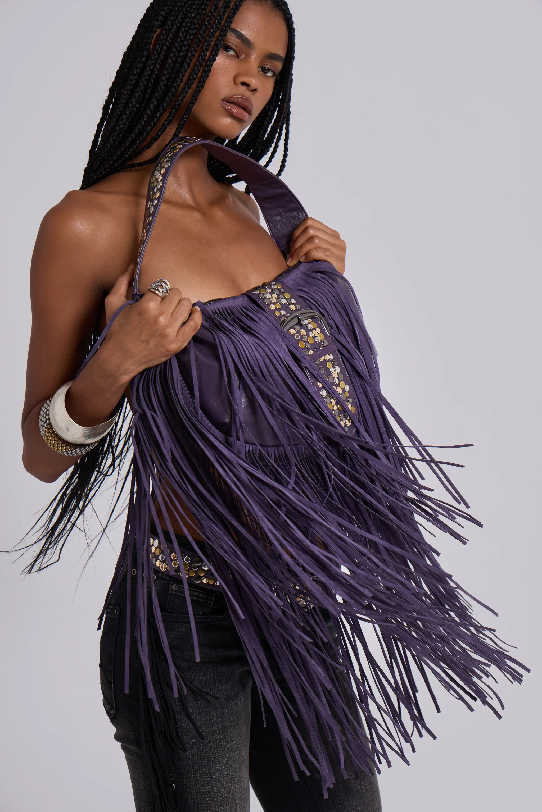 Amethyst Fringe Studded Shoulder Bag 18 Amethyst Fringe Studded Shoulder Bag
