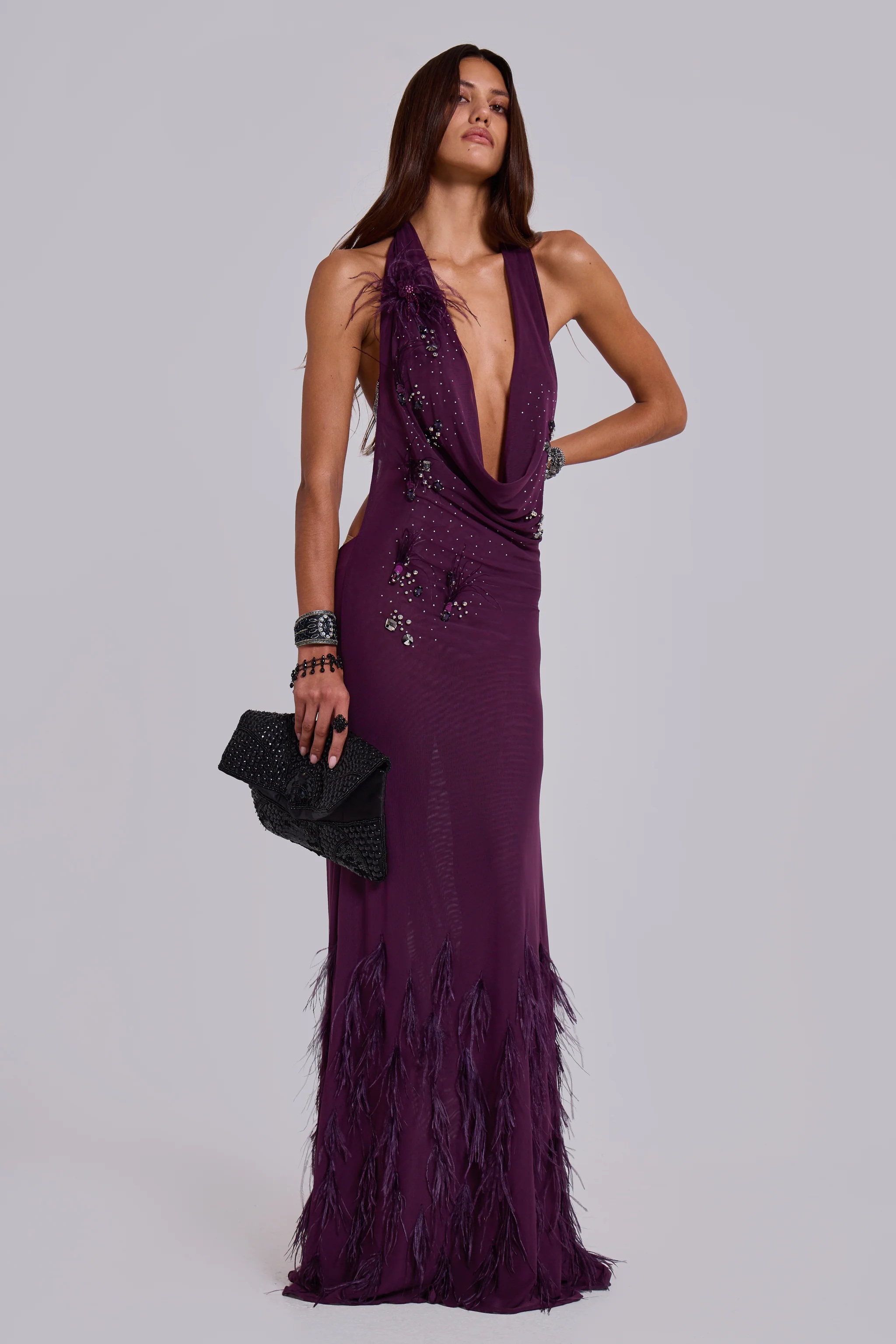 Ember Embellished Plunge Maxi Dress with Real Feather 1 Ember Embellished Plunge Maxi Dress with Real Feather
