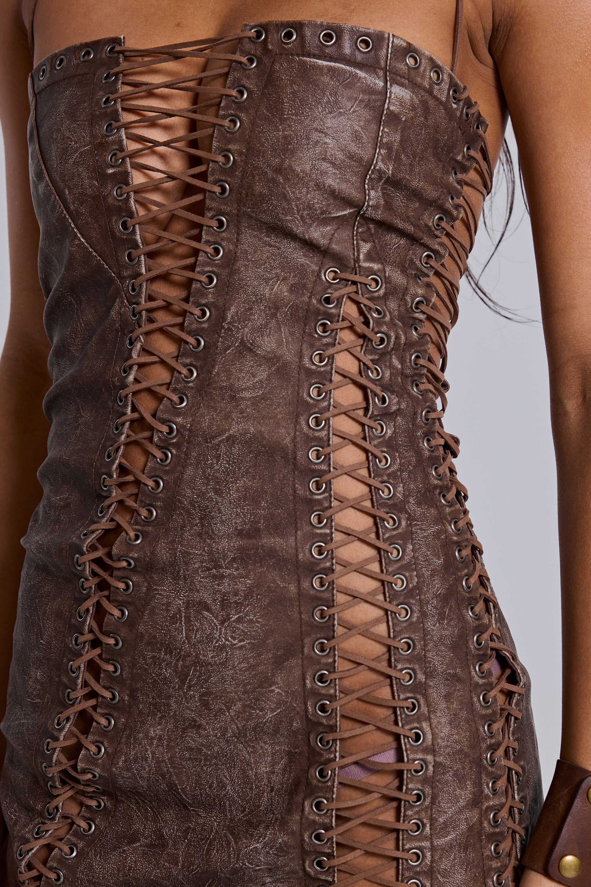 Odile Brown Faux Leather Lace Up Mini Dress 3 Odile Brown Faux Leather Lace Up Mini Dress