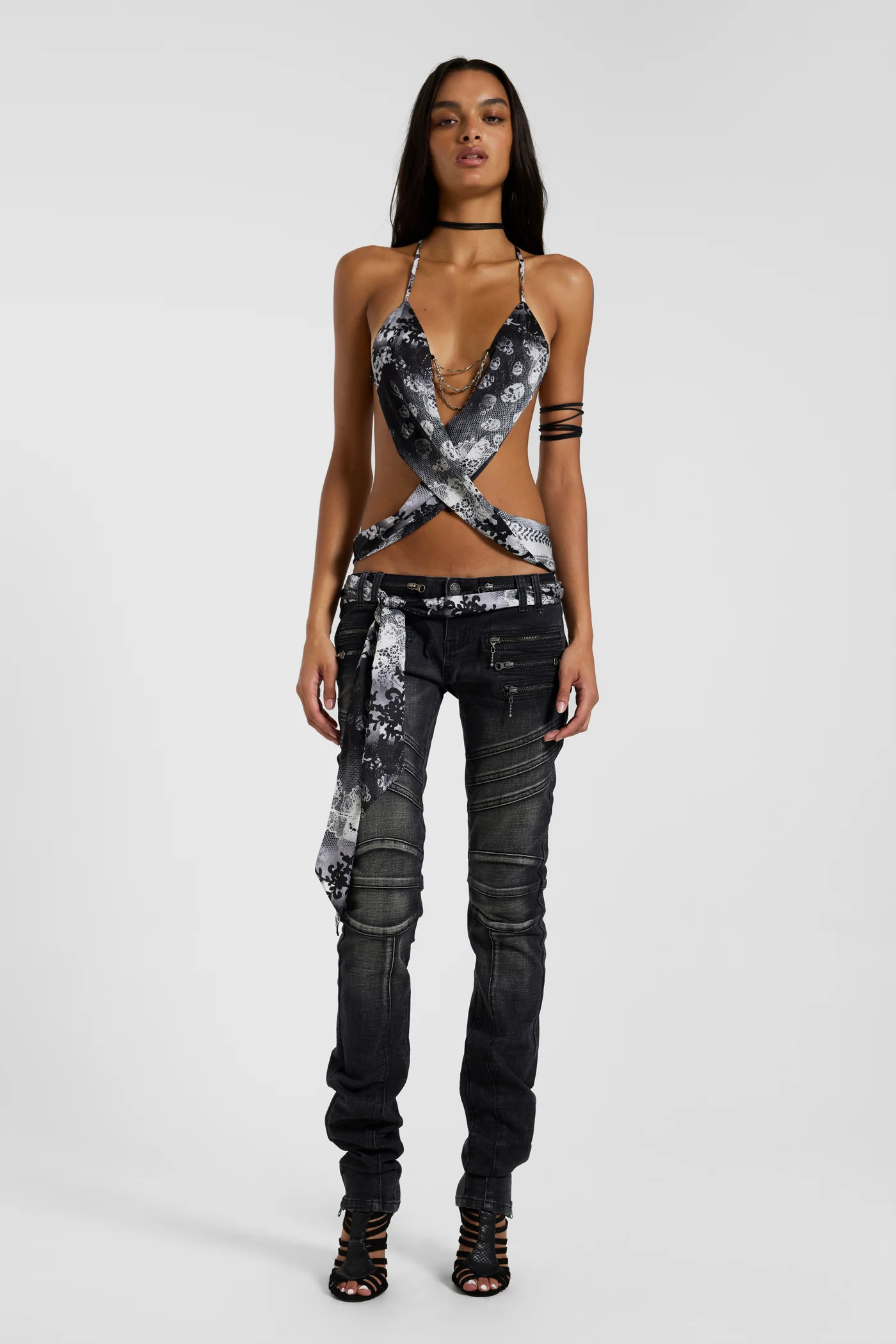 Ayla Satin Backless Plunge Wrap Top In Skull 4 Ayla Satin Backless Plunge Wrap Top In Skull