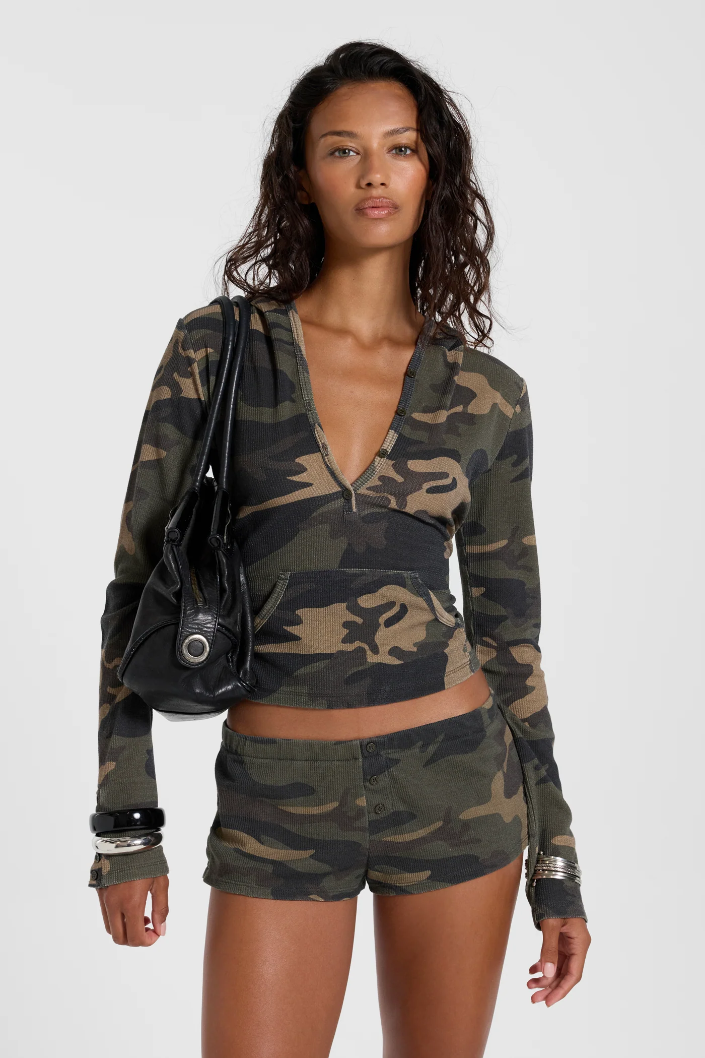 Janie Camo Waffle Hooded Henley