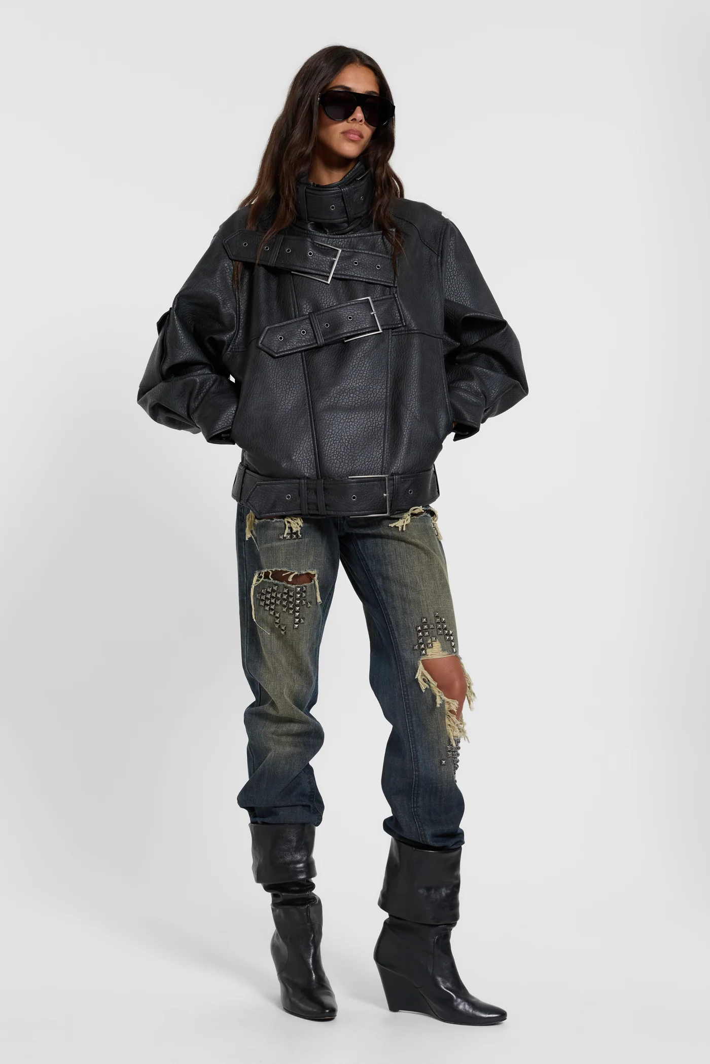Haden Belted Funnel PU Leather Jacket